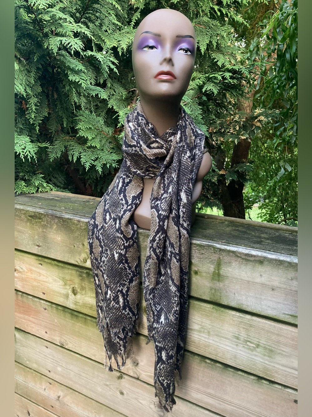 Vintage Danier Snakeskin Print Scarf - Olive Green - Mid 2000s